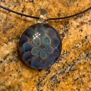Glass blown blue flower pendant necklace
